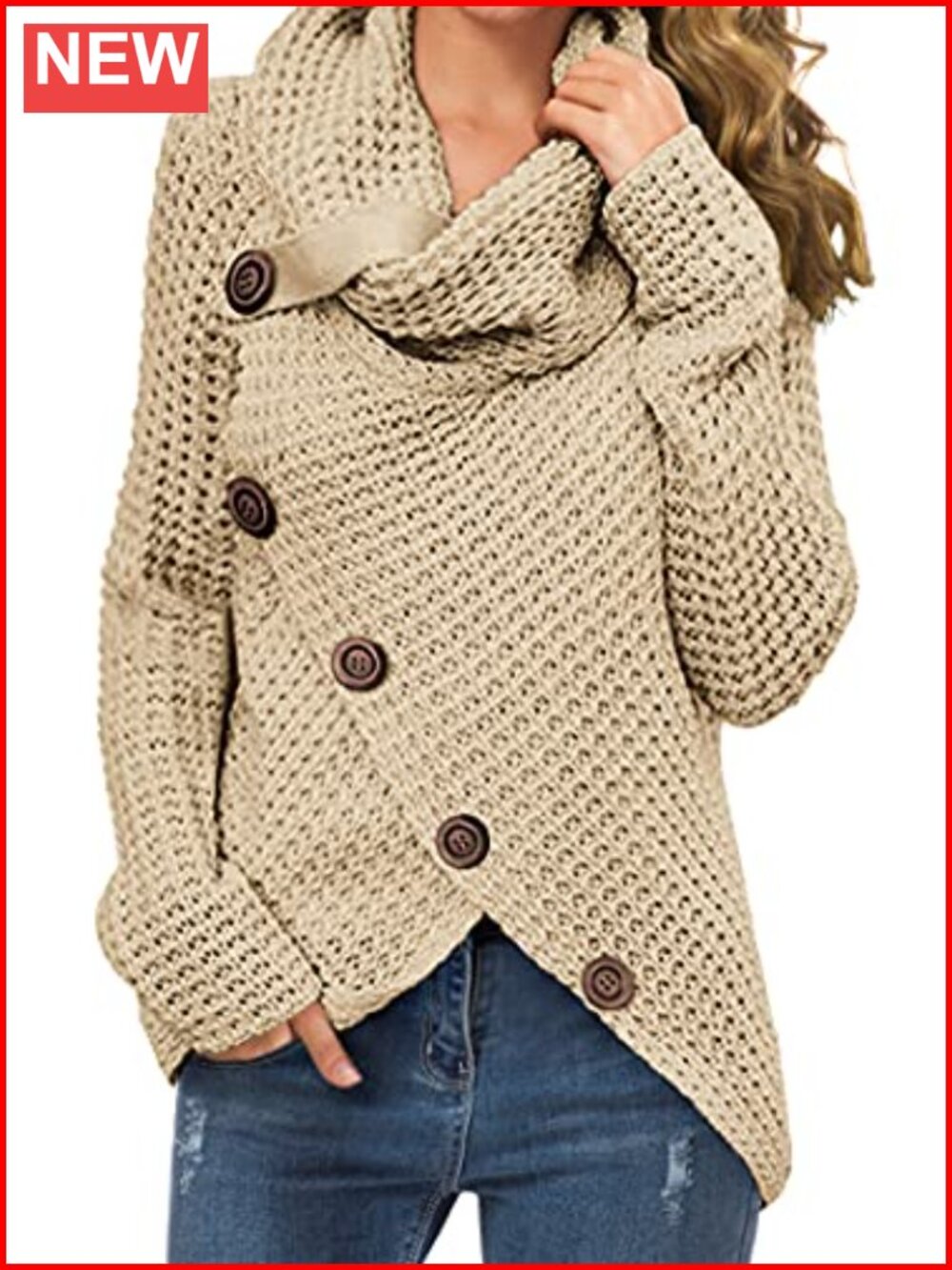 Chunky Knit Cowl Neck Pullover Sweater Asymmetrical Hem Women's